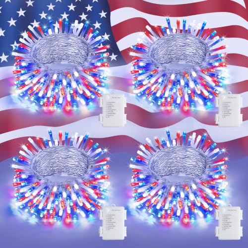 JMEXSUSS 4 Pack 50 LED Red White and Blue Lights, Each 16.5ft Battery 4th of July Light Outdoor Waterproof with 8 Modes and Timer for Independence Day American Flag