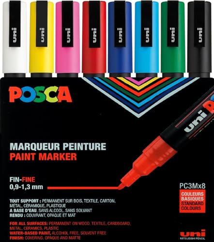 Marqueur Uni-Ball Posca PC3M pointe ogive 0,9 à 1,3 mm couleurs assorties - Etui de 8