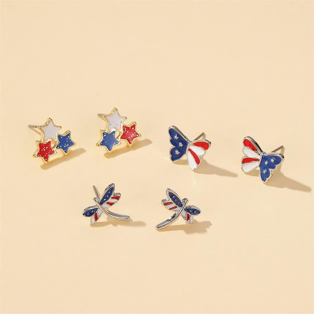 3 Pairs American Flag Stud Earrings Fashion Red Blue Star Butterfly Dragonfly July 4th USA Patriotic Independence Day Earrings Jewelry Accessory for Women - Image 4