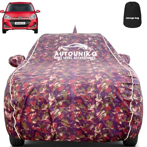 Image of 100% Waterproof Car Body Cover for Hyundai Grand I10 with Mirror and Antenna Pocket and Soft Cotton Lining (Full Bottom Elastic Triple Stitched) (Grey with Red Piping) (RED Army)