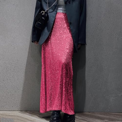 Elegant Sparkling Sequins Stretchy Long Skirt for Women Elastic High Waist A Line Skirt for Formal Parties and Night Out Turquoise3