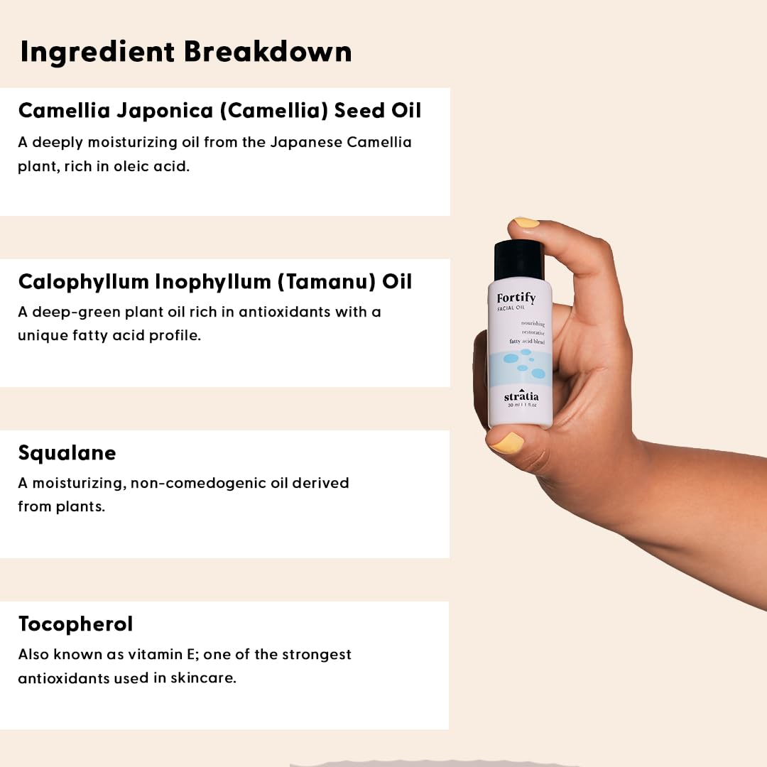 Stratia Fortify Restorative Facial Oil - Omega Fatty Acid Blend for Dry, Sensitive & Combination Skin - Non-Greasy, Barrier-Strengthening Hydration with Camellia, Tamanu & Marula Oils - 1 fl oz - Image 3