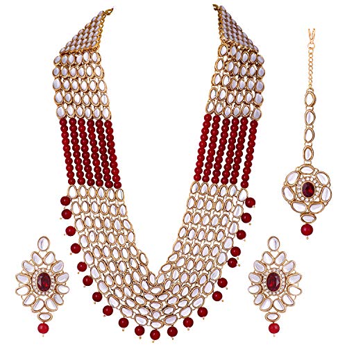 Aheli Royal Look Indian Kundan Beaded Necklace with Maang Tikka Set Ethnic Wedding Traditional Jewelry for Women