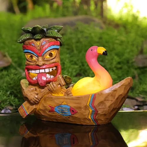 Yiosax Solar Tiki Statue Outdoor Decor-Tiki Bar Decor -Outdoor Tiki Statue Decoration for Garden,Lawn,Balcony,Yard,Tiki Flamingos Boating Hawaiian Tropical Decor Figurine Gift