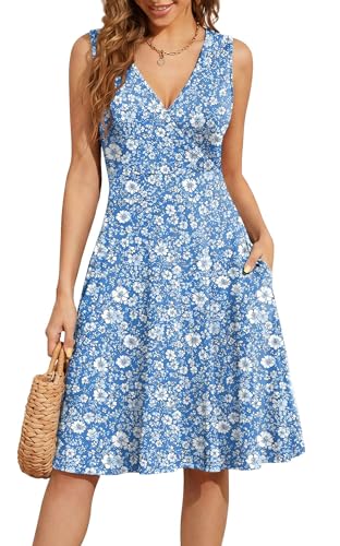 Image of WEACZZY Women's Summer Sleeveless Casual Dresses V-Neck Wrap Floral Holiday Tank Dress Flowy Beach Sundress with Pockets