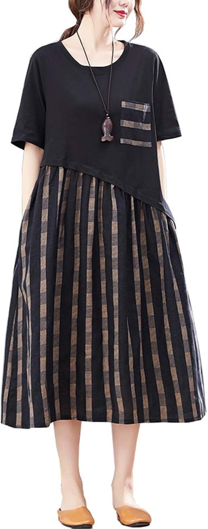 Amazon Co Jp ロングワンピース レディース 半袖 綿麻 エレガント シャツ ドレス バイ カラー チェック ワンピース レディース 服 ファッション小物