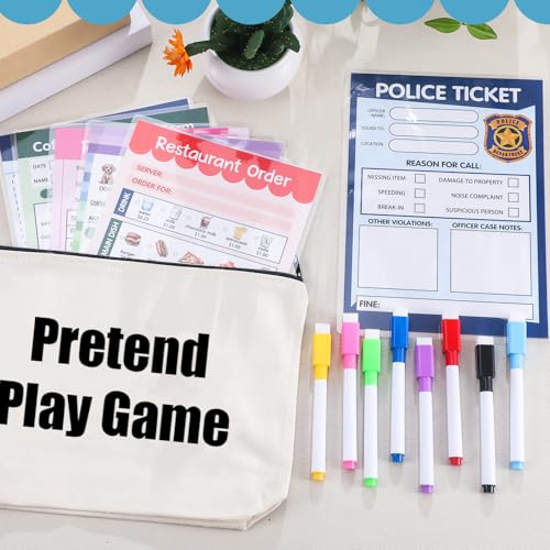 Eaasty 15 Pcs Kids Pretend Game Notepads Set Include 6 Reusable Dry Erase Pads 6.3\" x 8.7\" 1 Canvas Bag 8 Erasable Markers for Imaginative Role Playtime Doctor Police Teacher Vet Coffee Restaurant