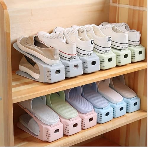 Image of TEKCOOL Plastic Shoe Slots Organizer Space Saver Double Deck Shoe Rack Adjustable Shoe Slots for Closet Organization (Pack of 2) (Multicolor).