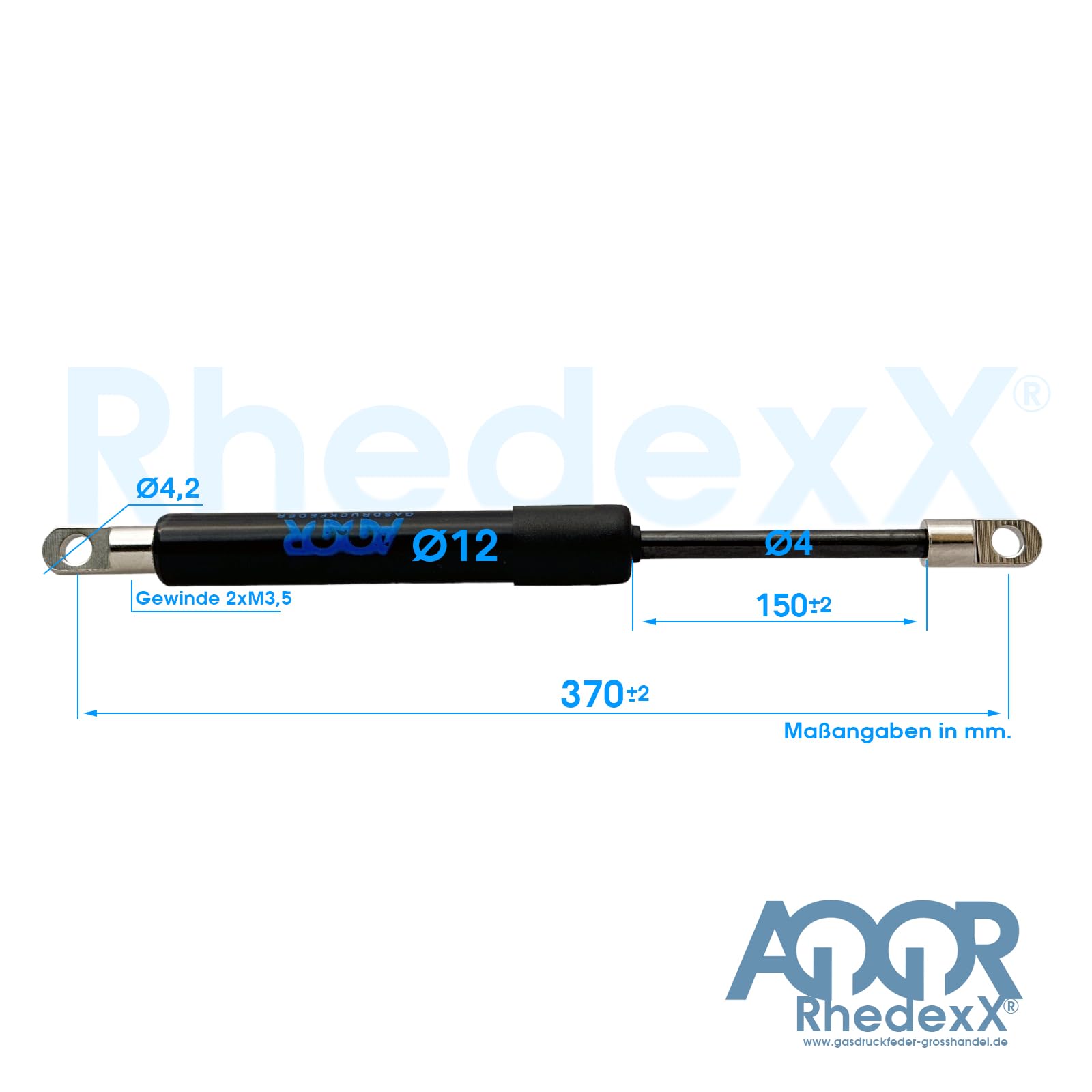 RhedexX® Gasveer met M3,5 scharnieroog 375 mm/150 mm/30N-150N - gasdrukdemper oogopname lengte 375 mm, slag 150 mm, kracht: 30N-150N (375/150/150N