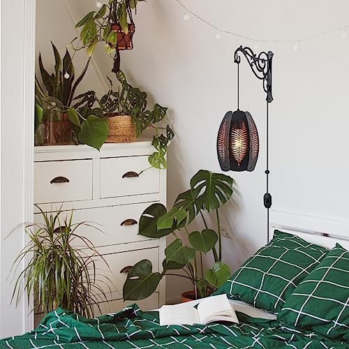 Image of Farmhouse Plug in Wall Lantern Sconces Set of Two,Black Rusti Wall Hanging Lamps Plug in for Bedrooms,Boho Dimmable Haing Wall Mounted Lights for Bedside Bedroom Living Room