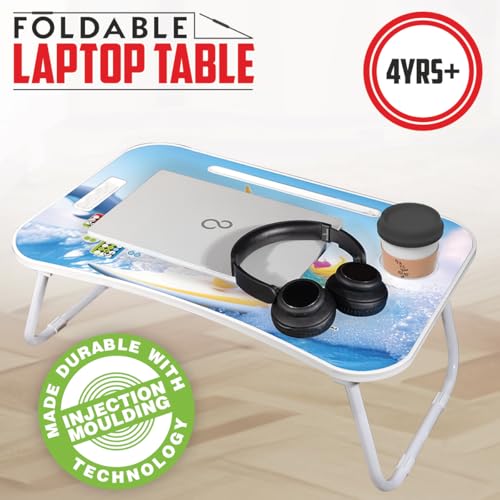 Image of Amazon Brand - Jam & Honey Foldable Laptop Table 4+ Years with Cup Holder & Tablet Stand, BIS Certified, Ergonomic Bed Desk with Ludo Game, Portable Study Table, Cute Unicorn Design, Blue