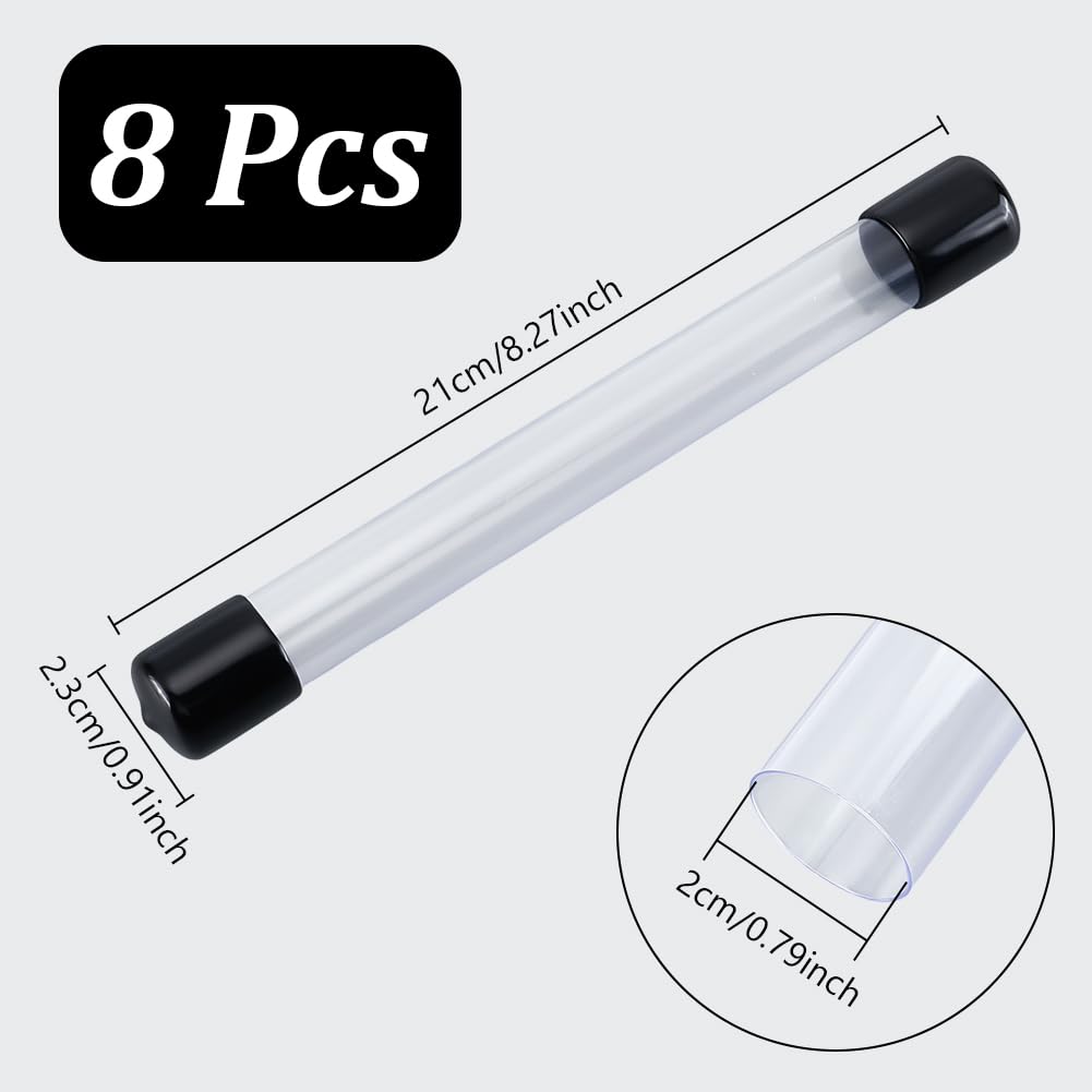 AHANDMAKER Lot de 8 tubes de rangement vides en plastique rigide transparent de 21 cm de long avec bouchons en caoutchouc noir pour conteneurs de perles, artisanat, bricolage, noir