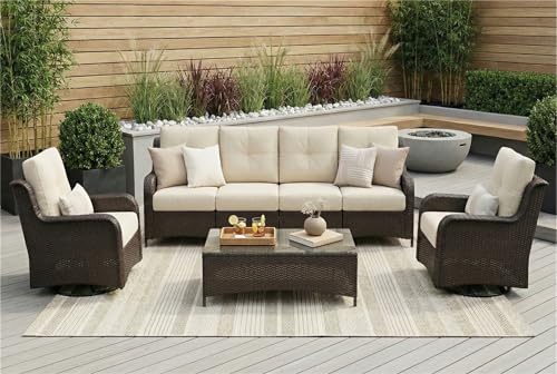 Fully Assembled Ohana High Back Patio Furniture Set with 6-inch Rainshield Cushions, Swivel Rocker Chairs and Oversized Seats, 7-PC, Dark Brown Wicker