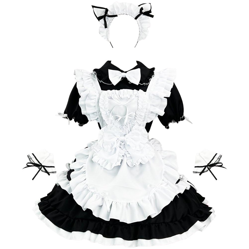 Costume de femme de chambre rétro avec tablier blanc et robe de cosplay