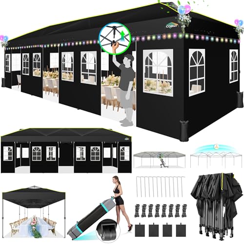 COBIZI 10x30 Pop Up Canopy Tent with Sidewalls - Party Outdoor Wedding Event for Parties - UPF 50+ Windproof Waterproof Gazebo with Air Vent, Wheeled Bag, Sandbag, Stake, Rope (Black)