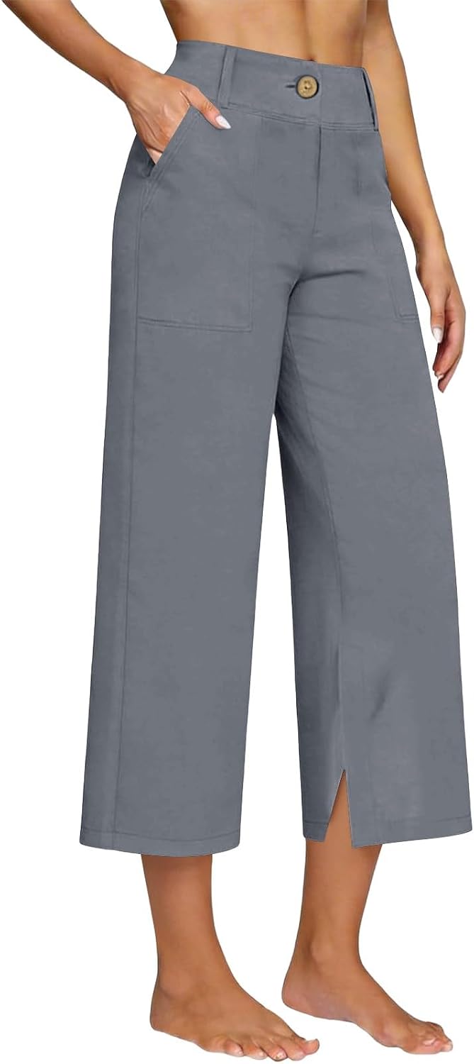 Capri Pants for Women High Waisted Business Casual Dress Pants Summer Linen Wide Leg Pant Pleated Work Pant