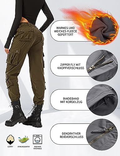 siyecaoo Damen Cargohose Winter Warm Fleece Gefüttert Baumwolle Wanderhose Multi Taschen Outdoorhose Workwear Reißverschluss Armee Militär Relaxed-Fit Trekkinghose Black 4-Tag 34