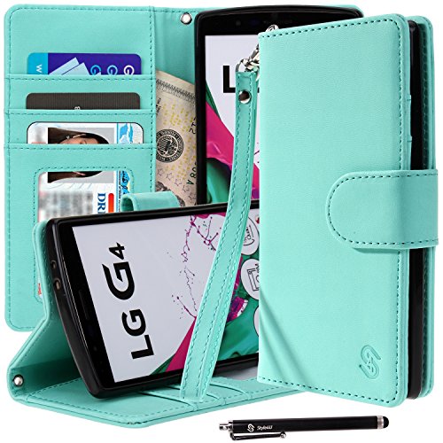 LG G4 Case, Style4U Premium PU Leather Stand Wallet Case with ID Credit Card/Cash Slots for LG G4 + 1 Stylus [Mint Green]