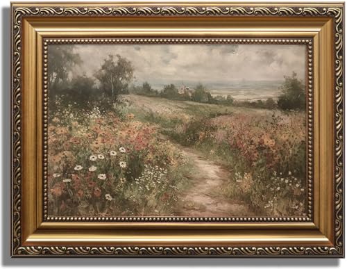 KBKBART Gold Framed Canvas Wall Art, Vintage Countryside Wildflower Field Painting, Retro Nature Wilderness Canvas Art Prints, Rustic Landscape Wall Decor for Living Room, Bedroom, Bathroom (12"x16")
