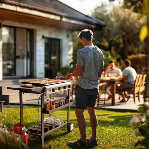 ROVSUN 4 Burner Portable Propane Griddle with Electronic Ignition, 20000 BTU Rolling Flat Top Gas Grill with Nonstick Enameled Tray, Side Shelf & Regulator for Outdoor Cooking Camping BBQ Tailgating