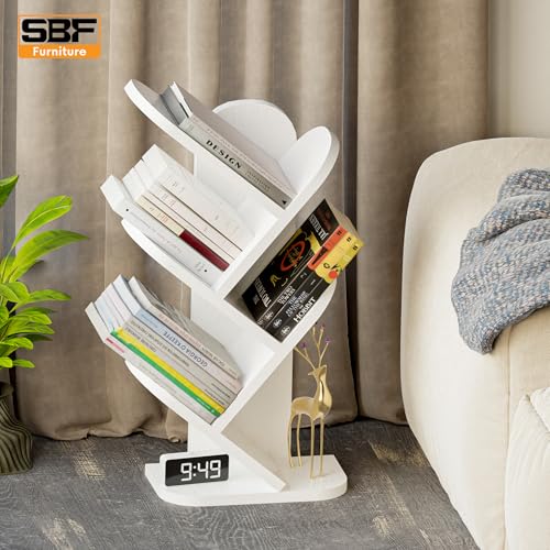 Image of SBF Furniure 5-Tier Modern Tree Bookshelf - Freestanding Black Bookcase for Home & Office | Space-Saving Vertical Display Shelf for Books, Decor & Plants (White1)