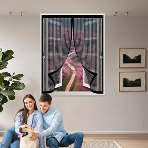 Ventana Magnética 74 x 90 cm Cierre Automático, Instalación sin Taladrar, Varios Tallas, Anti-Insectos, Mantiene El Aire Fresco Cortina de Malla para Todas Las Ventana, Negro