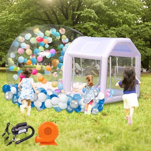 Image of 10ft Inflatable Bubble House Dome with Tunnel for Kids, Clear TPU Balloon Tent for Parties, Includes 450W Air Blower & 600W Air Pump