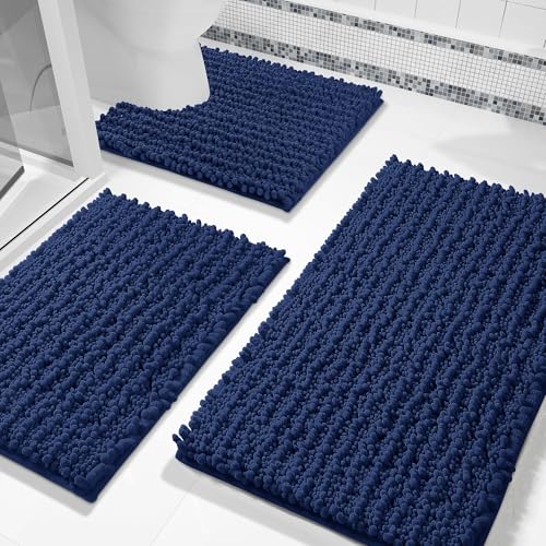 Yimobra Bathroom Rug Set 3 Piece, Super Absorbent Bath Mat Set, Navy Blue