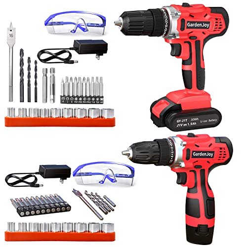 GardenJoy 21V Cordless Power Drill Set Bundle with 12V Drill Driver Set 2 Variable Speed 3/8'' Keyless Chuck 24+1 Torque Setting Fast Charger Power Tool Kit for Home Improvement