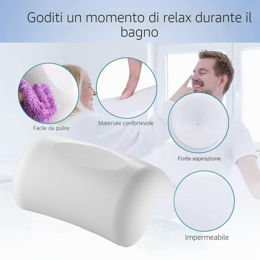 Cuscino da Bagno, Cuscino di Vasca da Bagno in PU con Ventose, Impermeabile Cuscino per Collo Testa Vasca da Bagno, Facile da Pulire, Cuscino Poggiatesta Ergonomico per Tutti i Tipi di Vasca - Bianco