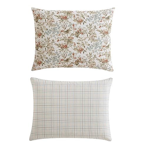 Image of Laura Ashley - Queen Comforter Set, Reversible Cotton Bedding with Matching Shams, Floral Home Decor with Plaid Reverse (Bramble Floral Beige, Queen)