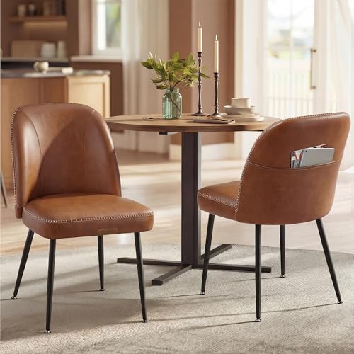 Image of VASAGLE EKHO Collection - Dining Chairs Set of 2, Upholstered Kitchen Chairs, Comfortable Seat, Synthetic Leather with Stitching, Mid-Century Modern, with Storage Pocket, Caramel Brown UKDC190KN01