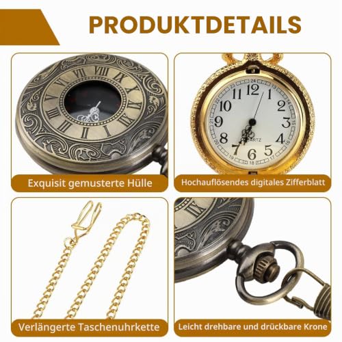 NIRJIK Taschenuhr Mit Kette 2PCS, Vintage Taschenuhr für Herren, Taschenuhren Mechanisch Klassisches Quarz Design, Steampunk Uhren Arabisch Ziffern für Männer Frauen Vater Opa Geburtstag Jahrestag