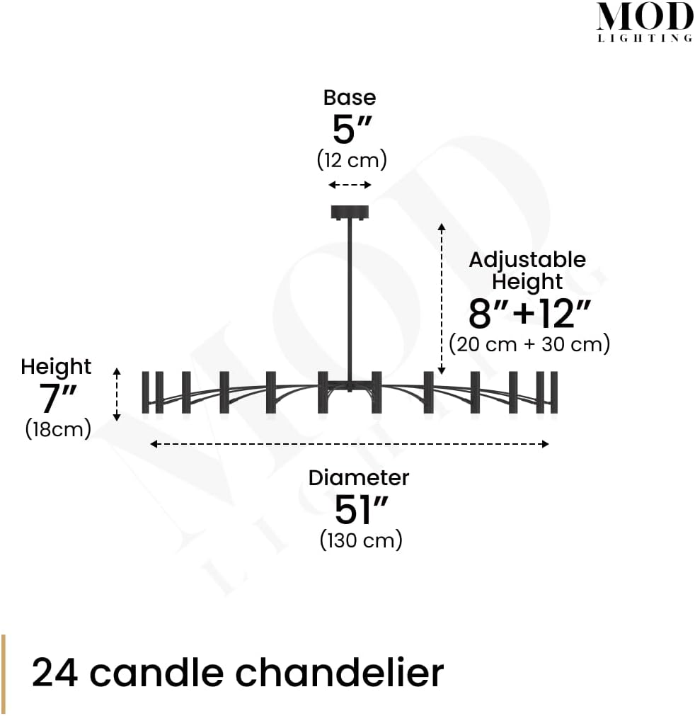 MOD LIGHTING Kendall Contemporary Candle Chandelier (24 Candles), 51" Modern Dining Room Chandelier, 3000K Warm White Sputnik Ceiling Light Fixture for Bedroom, Living Room, Cafes, Offices, Black
