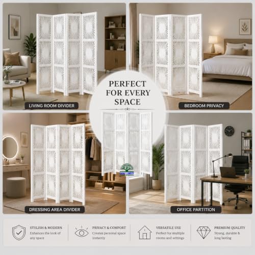 Image of Wooden Room Divider Partition for Living Room | Foldable 4 Panel Decorative Privacy Screen Separator for Home, Office & Bedroom | Modern Natural Brown (Sun White)