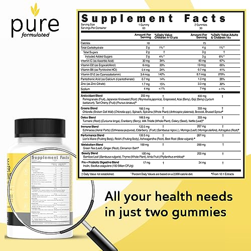 Pure Formulated Super Greens Multivitamin Gummies For Men & Women - Adult Immune Support Gummies - 30 Superfoods Vegan Supplements - Natural Raspberry Flavor (60 Count) #TOP2