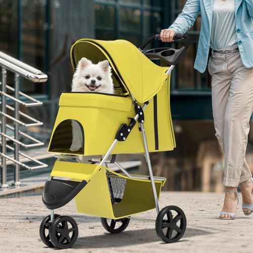 Magshion 3-Wheel Pet Stroller, Foldable Travel Jogger for Small & Medium Dogs & Cats (Up to 33lbs), Lightweight Carrier with Breathable Mesh Cover, Cup Holder & Storage Basket, Yellow - Thumbnail 3