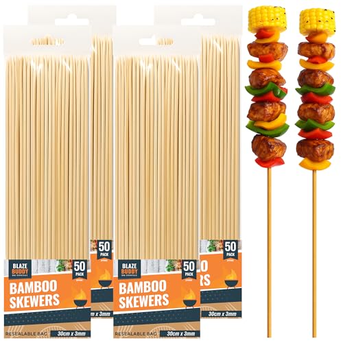 Blaze Buddy 200pk Bamboo Skewers 30cm | Wooden BBQ Skewers | Ideal as Kebab and Barbecue Stick | Kebab Sticks | Long BBQ Sticks | Wooden 30cm