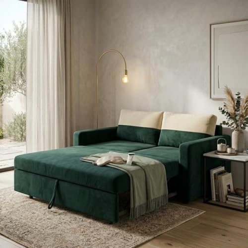 Image of SOCOZI Enrique 2 Seater Sofa Cum Bed | Soft Velvet Suede Fabric | Modern Convertible Design | Plush Comfort Seating for Living Room (Tealish Green)