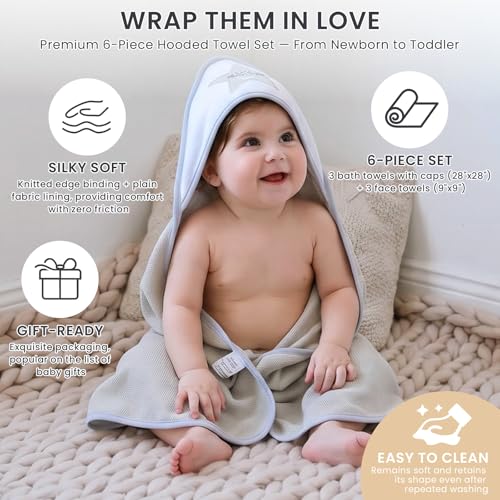 Image of Softan Baby Hooded Towels and Washcloths Set 6 Pack, 28x28 Ultra Soft & Absorbent Baby Bath Towels for Newborn Infant Toddler, Unisex Boys Girls (Grey Star)