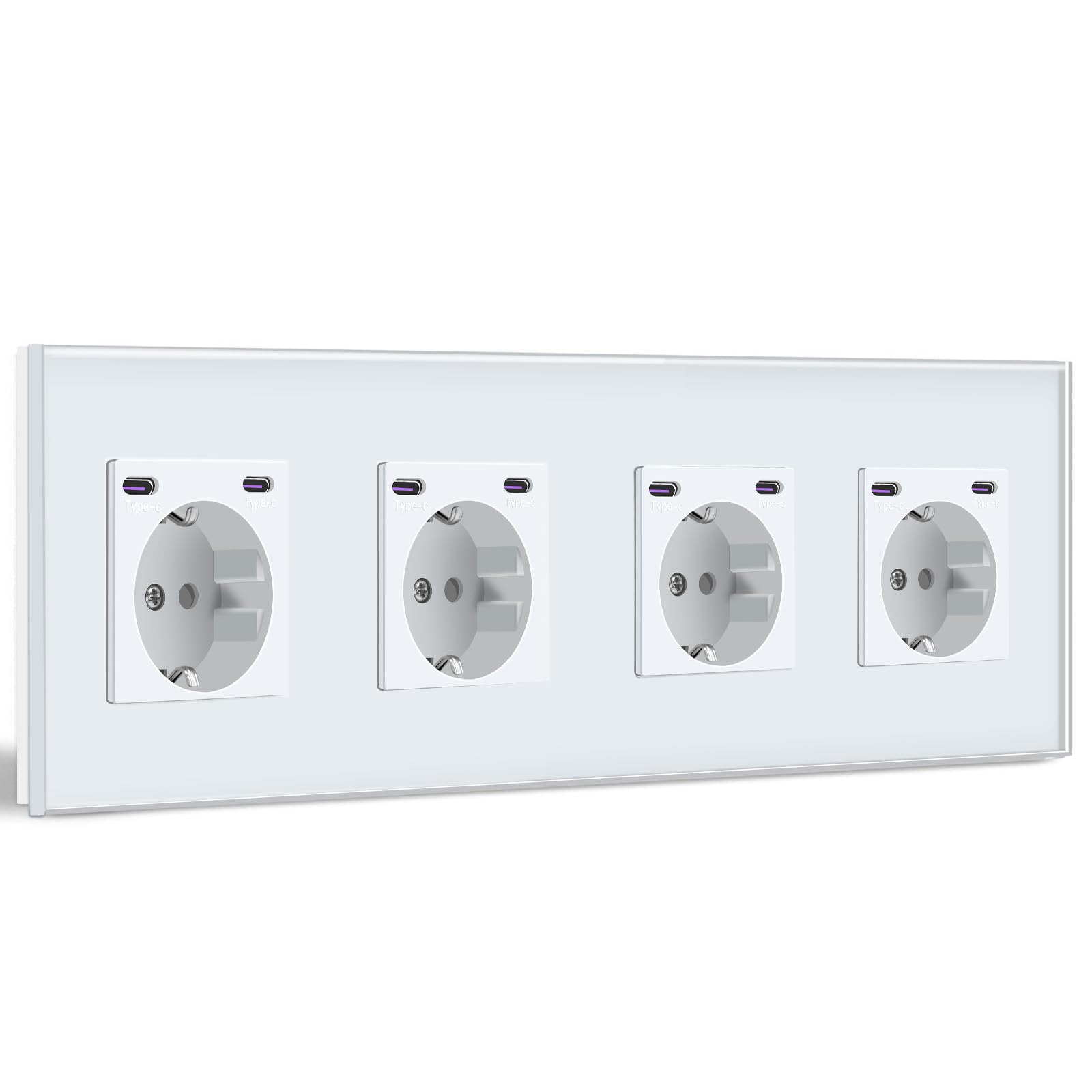 BSEED Schuko Steckdose mit Type C 20W Schnellladegerät, Typ C + Typ C Steckdose Unterputz, 4 Fach EU-Standard Wandsteckdose mit Glas Platte, 299mm, Weiß