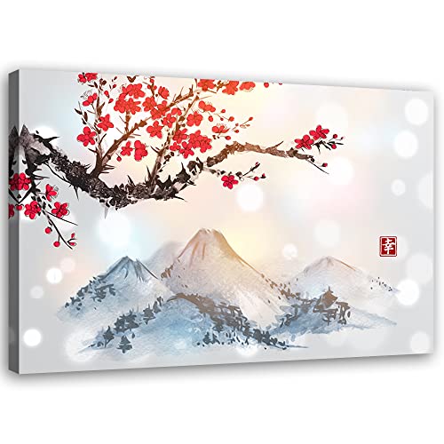 Feeby Impression sur Toile Intissee Japon Cerisier en fleurs Montagnes 30x20 cm Image Photo Graphique Tableux Couloir Kanji Oriental Est Asie rouge Cover