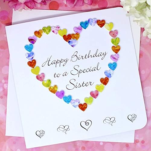 Birthday Card for a Special Sister - Rainbow Colourful Love Hearts Cards - Keepsake Gift for Sis