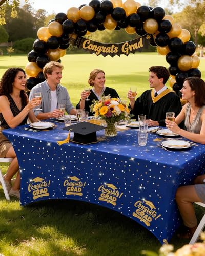 Image of Pureegg Graduation Decorations 2026 Spandex Tablecloth 6ft - 2 Pack, Class of 2026 Blue Fitted Stretch Rectangle Table Cover, Wrinkle-Free Tight Tablecloth for Graduation Party, Banquet