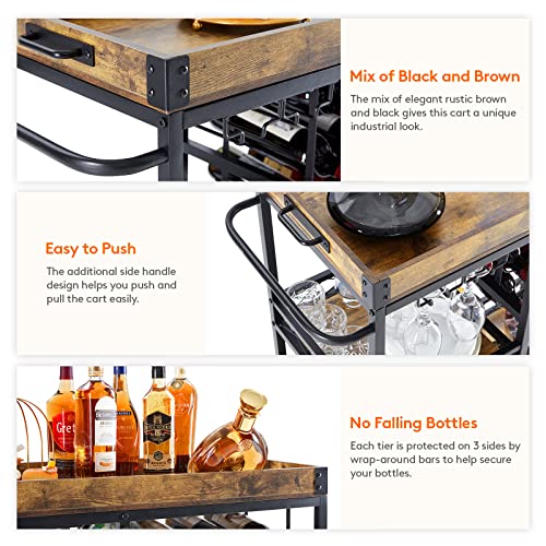 Lifewit Bar Cart, Home Bar Serving Cart, 3 Tier Drink Cart With 12 Wine Bottle Racks, Liquor Beverage Cart For Kitchen Dining Livingroom, 31.5" X 15.7" X 36.6", Removable Top Tray, Rustic Brown #TOP6