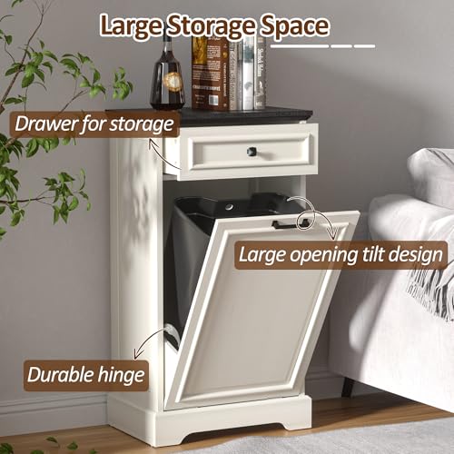 AHB 13 Gallon Tilt Out Trash Cabinet Kitchen Waste Bins, Laundry Hamper Tilt Out Pet Proof Hidden Trash Bin for Kitchen Living Room, Antique White and Black