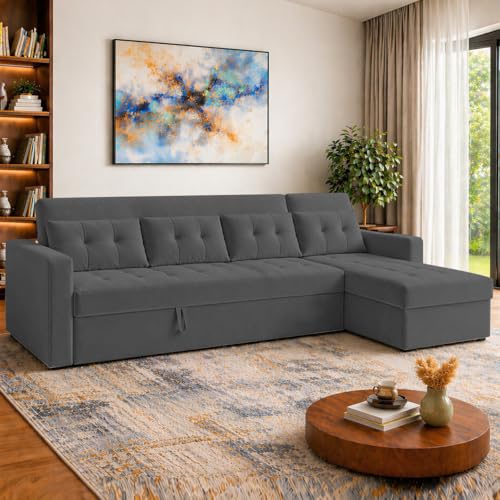 Image of Emilio 6 Seater RHS L - Shape Pull-Out Sofa Cum Bed Sofa for Living Room (Black Fabric Color) Premium Fabric Sofa Set for Living Room Sofa Cum Bed