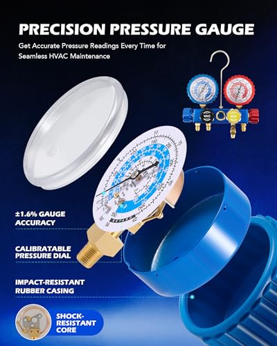 Image of Orion Motor Tech A2L AC Vacuum Pump and Gauge Set, 5 cfm 2 Stage Sparkless Ignition Proof Vacuum Pump for R1234yf R32 R134a R410A System, with 4 Way AC Gauges Quick Couplers Thermometer Can Taps Hoses