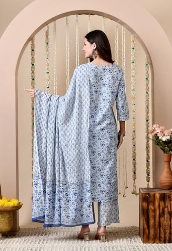 Image of Amazon Brand - Tavasya Women Cotton Anarkali Kurta Pant Dupatta Set | Printed Ethnic Suit Set | Flared Anarkali Kurta with Pant & Dupatta | Festive & Casual Wear