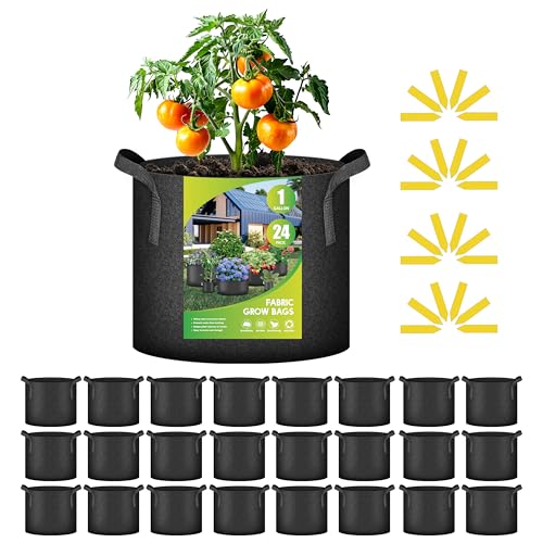 iPower 24-Pack 1 Gallon Grow Bags Heavy Duty Thickened Aeration Nonwoven Fabric Pots with Nylon Handles and 24 Labels for Planting Vegetables Fruits Flowers Black